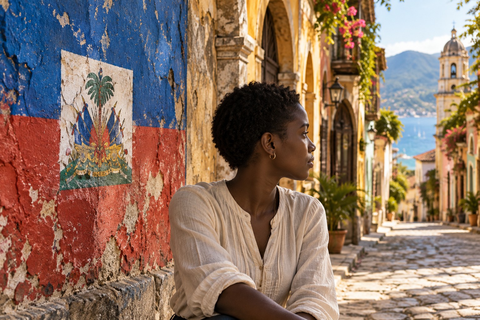 Woman seated beside a painted Haitian flag wall